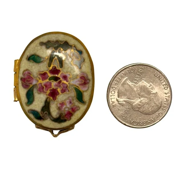 Vintage 60s Cloisonne Enamel Pill Box Locket Trinket Box Floral Hinged Gold Tone - Picture 5 of 7